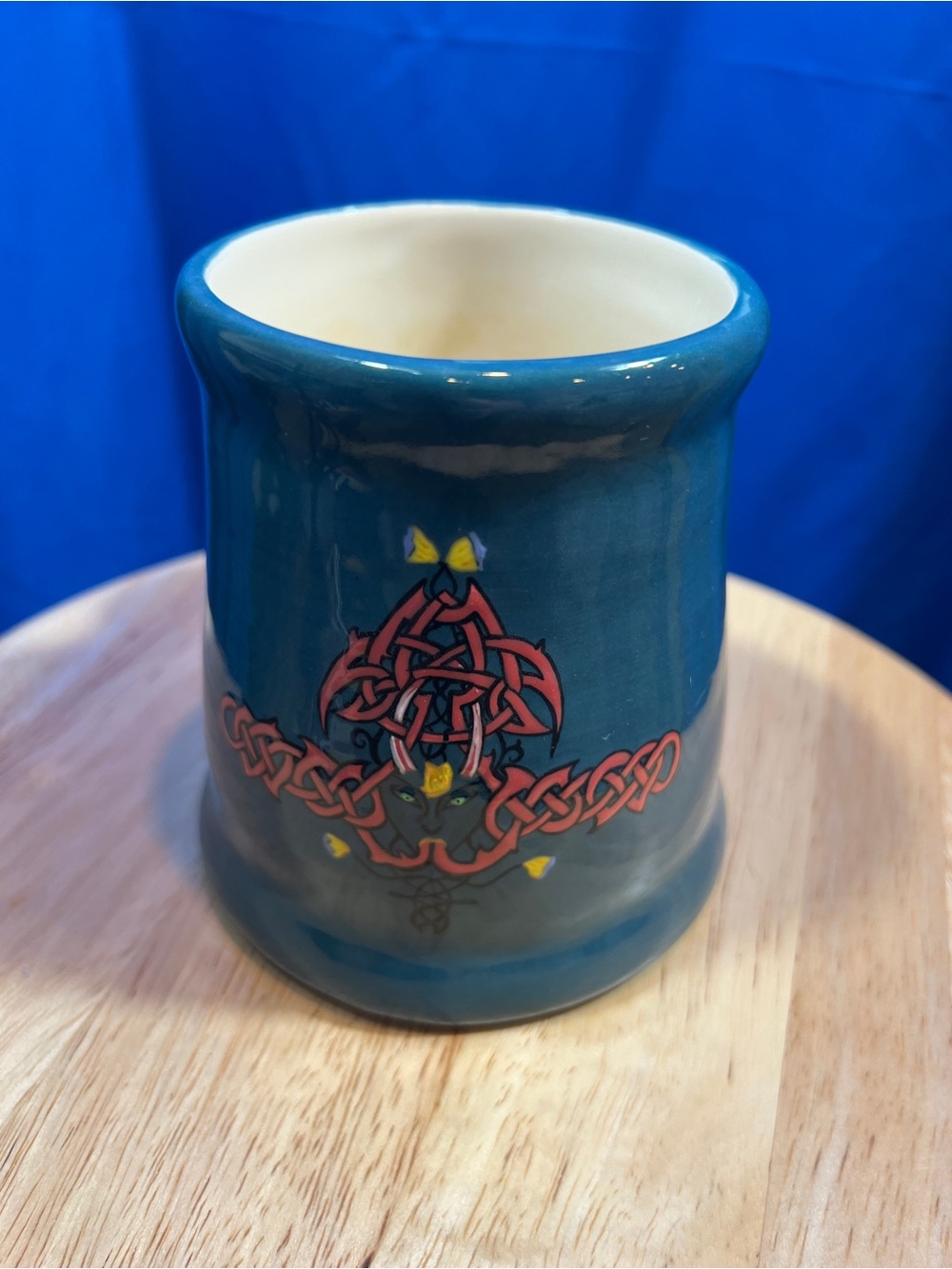 Handmade Celtic Knot Ceramic Mug in Teal and Cream